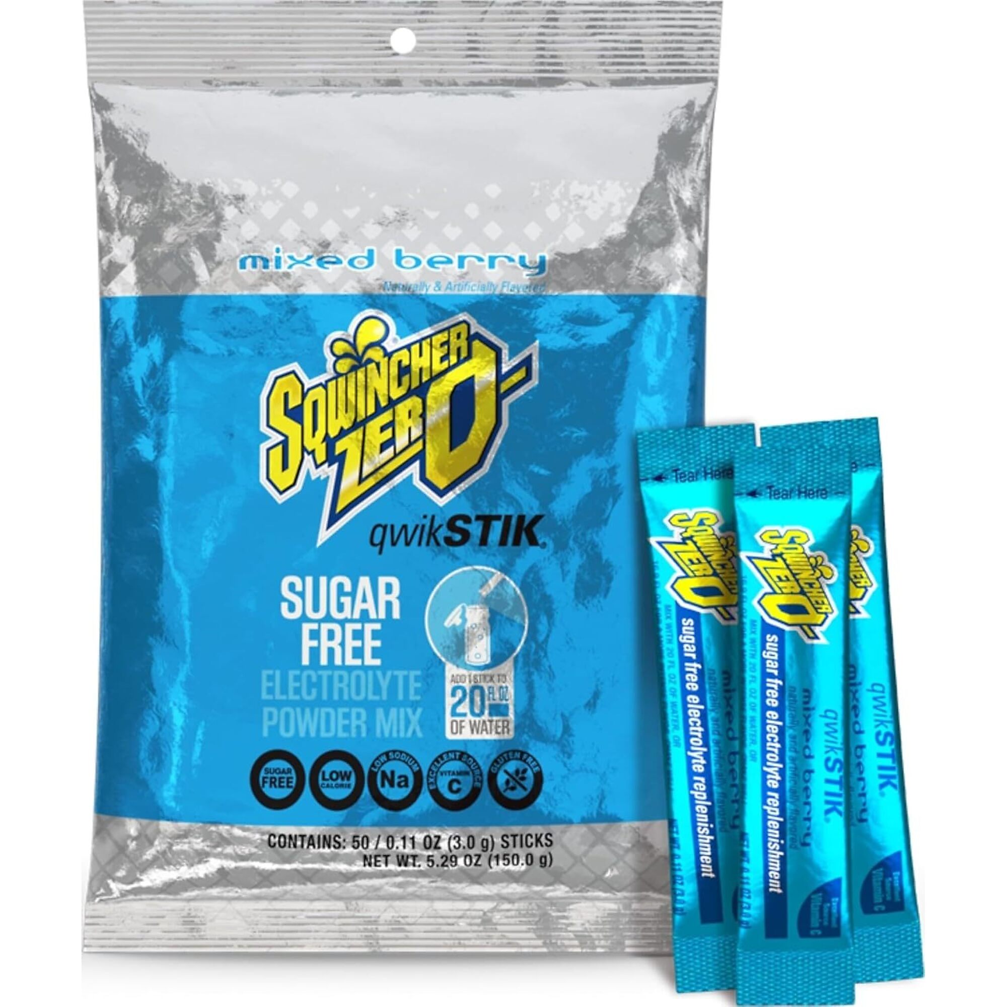Sqwincher Zero Qwik Stik Sugar Free Electrolyte Powder Packets, Mixed Berry, 0.11 oz, Makes 20 oz, 50 Count